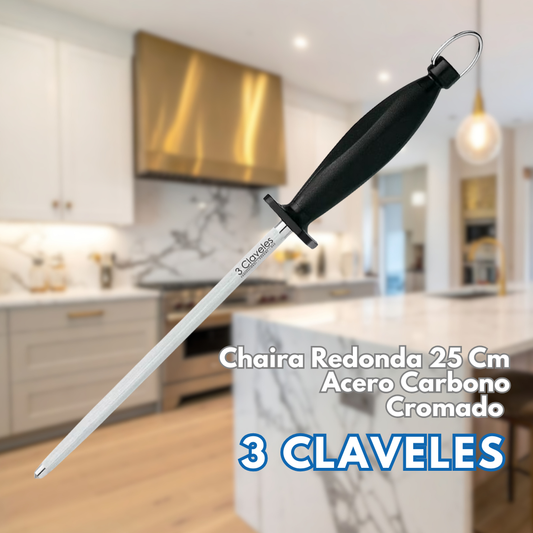 Chaira Redonda Profesional 25 Cm En Acero Carbono Cromado - 3 Claveles